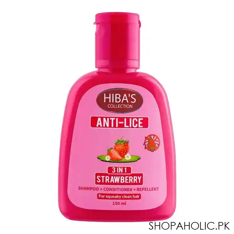 hiba's collection anti lice 3 in 1 strawberry shampoo + conditioner + repellant, for squeaky clean hair, 150ml main image