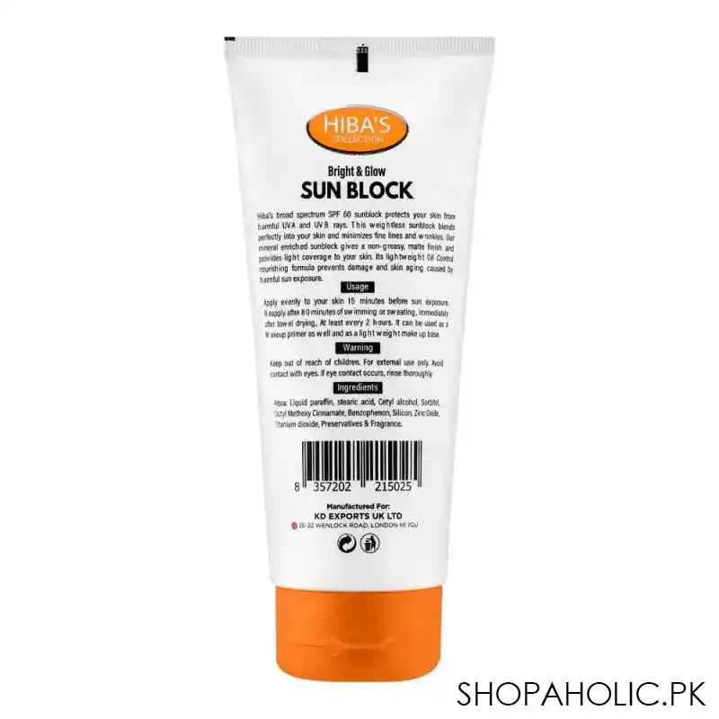 hiba's collection bright & glow sun block spf 60+, safe for sensitive skin, 150ml image2