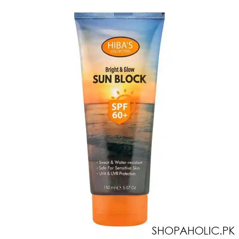 hiba's collection bright & glow sun block spf 60+, safe for sensitive skin, 150ml main image