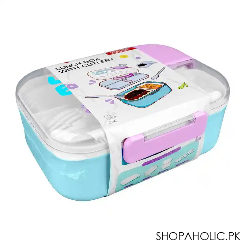 Homeatic Plastic Lunch Box With Cutlery, 1100ml/200ml Capacity, 2.4in (H) x 5.1in (W) x 3.7in (D), Blue, HMT-011 - Main Image