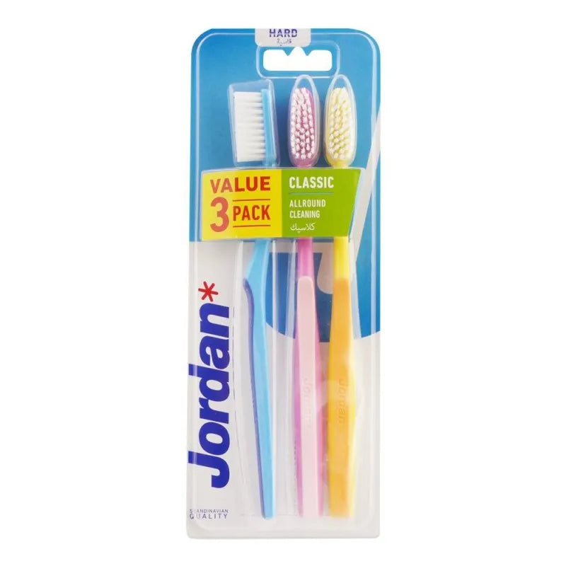 jordan classic all round cleaning toothbrush hard 3 pack, 10205 main image