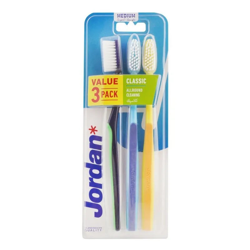 jordan classic all round cleaning toothbrush medium 3 pack, 10206 main image