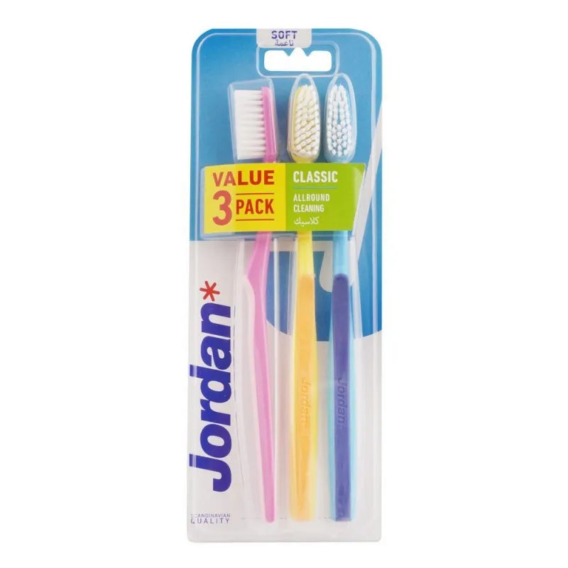 jordan classic all round cleaning toothbrush soft 3 pack, 10207 main image