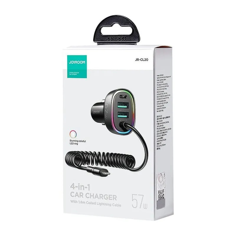 joyroom 4 in 1 car charger with 1.6m coiled lightning cable, 57w, black, jr cl20 image2