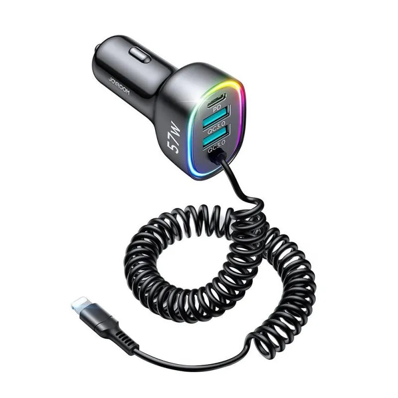 joyroom 4 in 1 car charger with 1.6m coiled lightning cable, 57w, black, jr cl20 main image