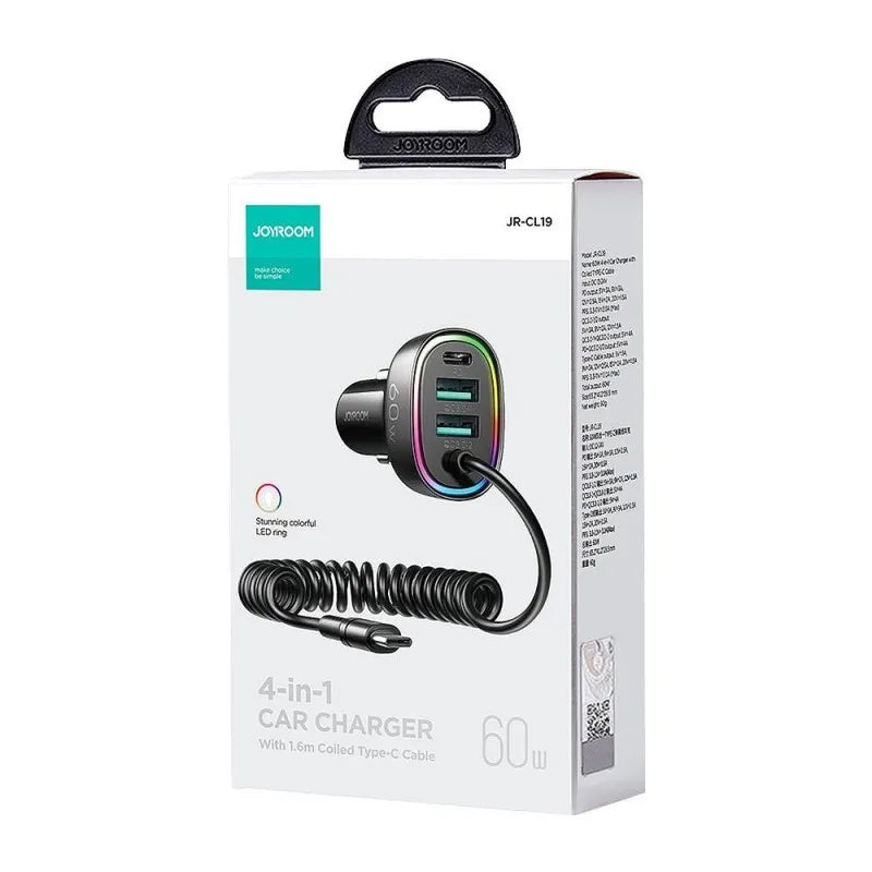 joyroom 4 in 1 car charger with 1.6m coiled type c cable, 60w, black, jr cl19 image2