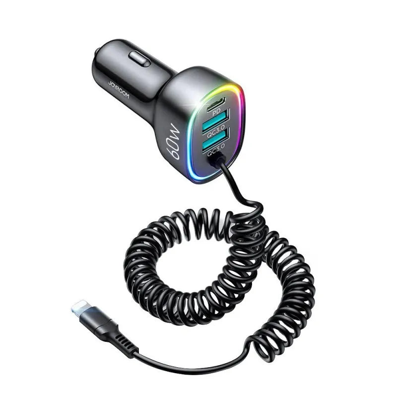 joyroom 4 in 1 car charger with 1.6m coiled type c cable, 60w, black, jr cl19 main image