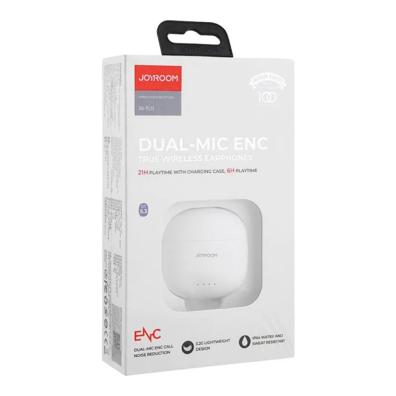 joyroom dual mic enc true wireless earphone, white, jr tl11, 21hrs playtime image2