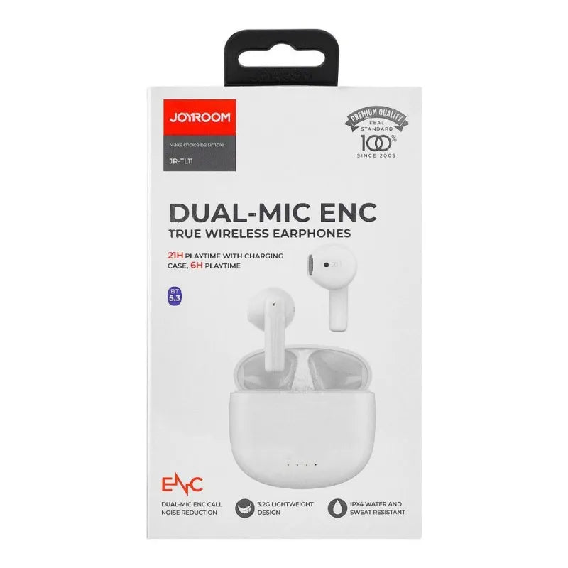 joyroom dual mic enc true wireless earphone, white, jr tl11, 21hrs playtime image3