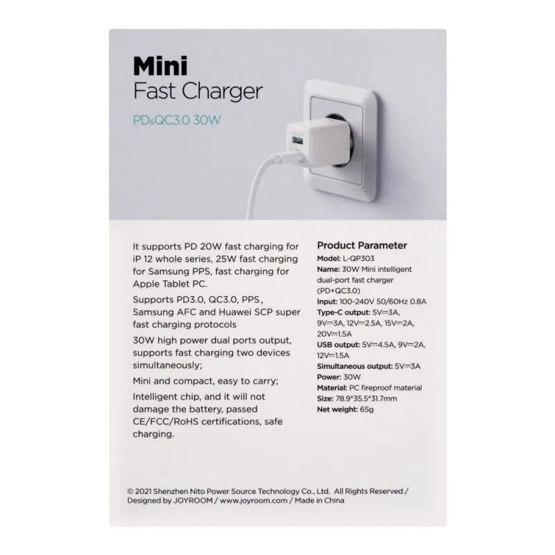 joyroom mini intelligent pd & qc3.0 dual port fast charger, white, l qp303 image3