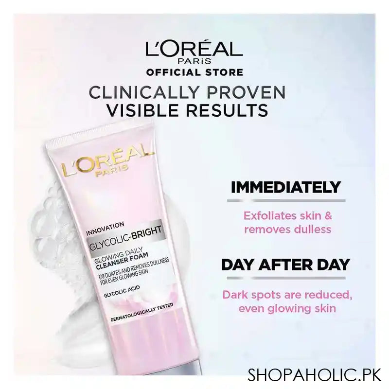 L'Oreal Paris Glycolic-Bright Glowing Daily Face Wash, For Even Glowing Skin, 100ml - Image 3