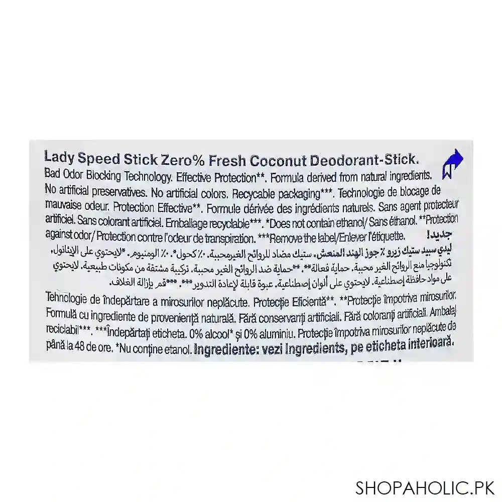 lady speed stick zero% fresh coconut deodorant, for women, 40g image3