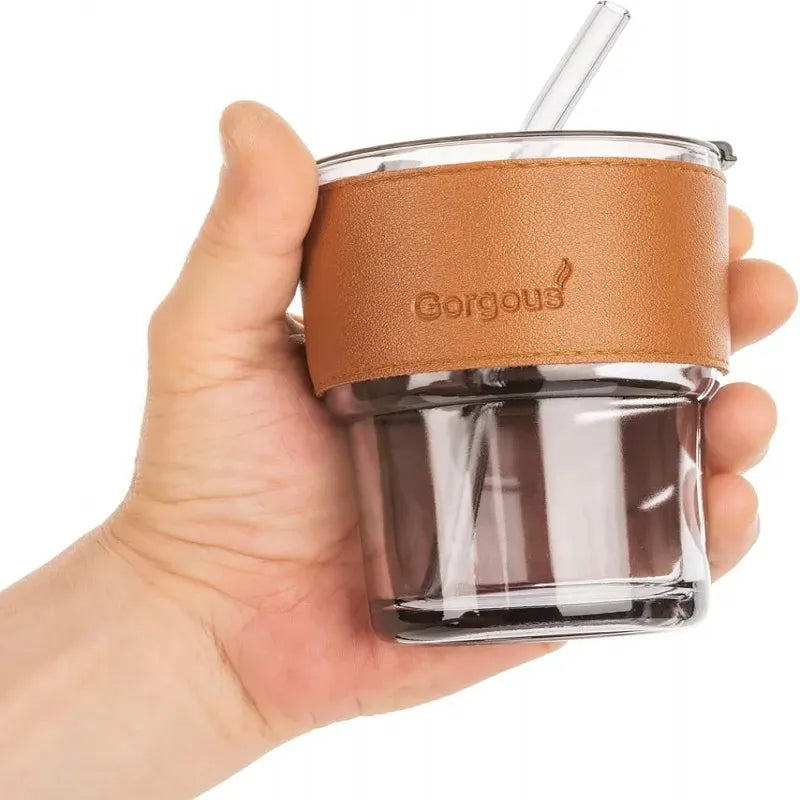 leather cover coffee cup with straw and lid 400ml image2