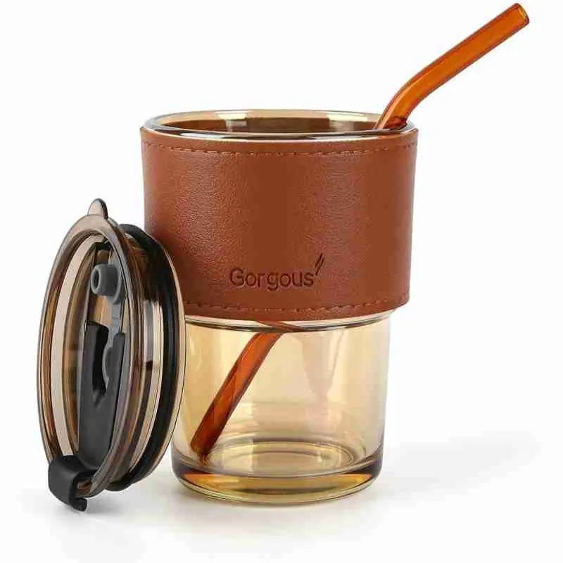 leather cover coffee cup with straw and lid 400ml image3