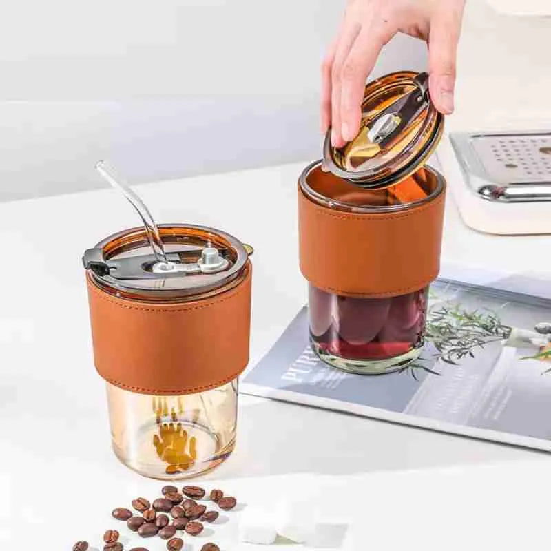 leather cover coffee cup with straw and lid 400ml image4