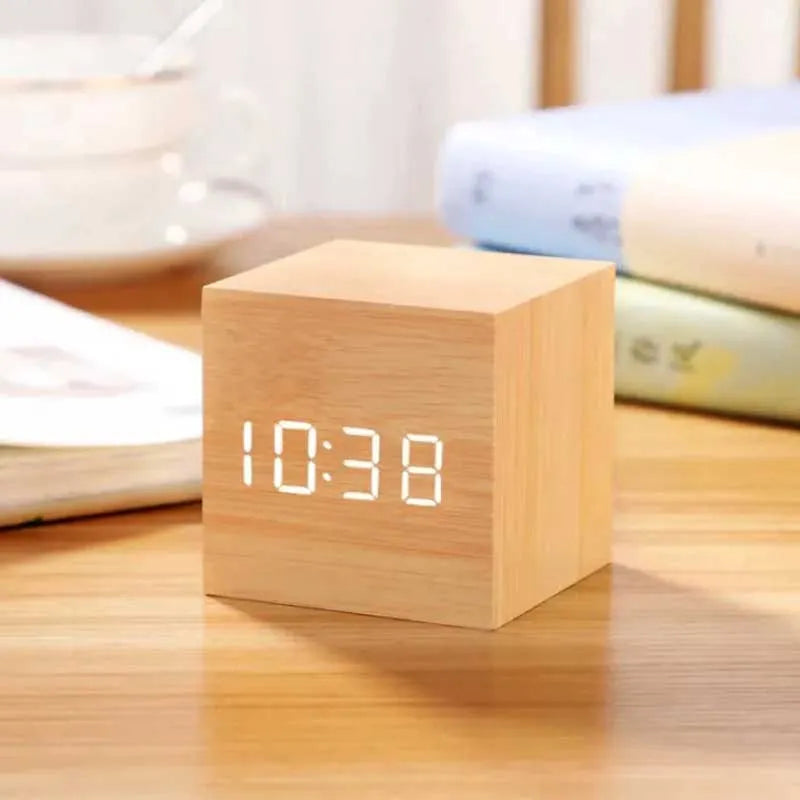 led digital wooden cube alarm clock main image