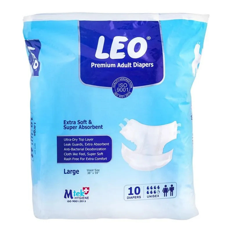 leo premium adult diapers large, 38 x 59 inches, 10 pack main image