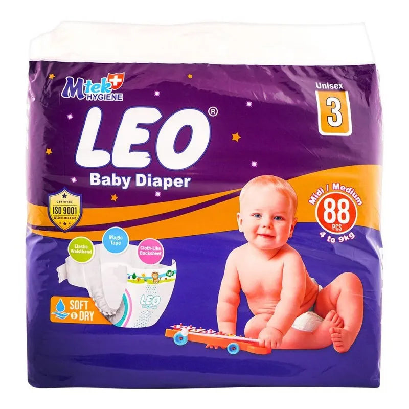 leo soft & dry baby diaper no. 3, midi/medium, 4 to 9 kg, 88 pack main image