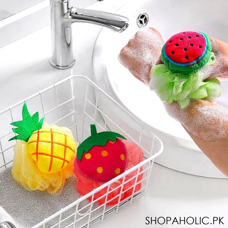 loofah bath sponge with fruit design handle (heavy quality) image4