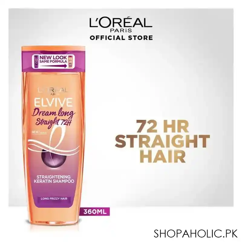 l'oreal paris elvive dream long straight 72hrs straightening keratin shampoo, micro keratin & black cumin oil, for long frizzy hair, 360ml main image