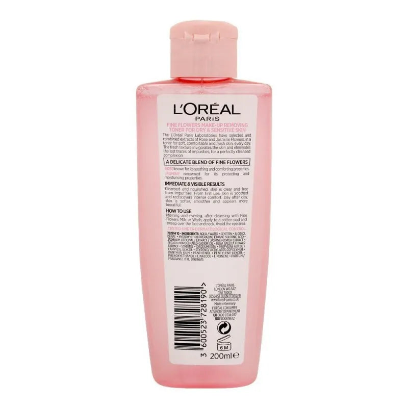 l'oreal paris fine flowers rose & jasmine toner, dry & sensitive skin, 200ml image2