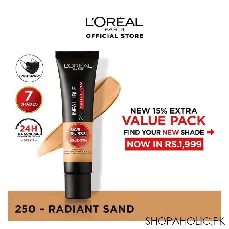 l'oreal paris infallible 24h matte cover foundation, 250 radiant sand main image