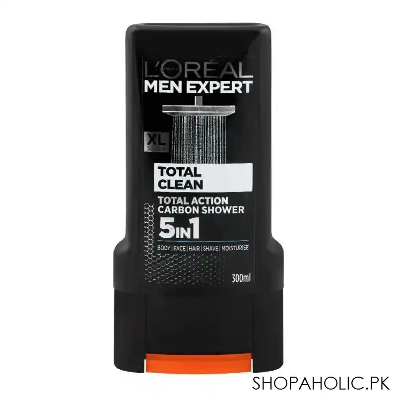 l'oreal paris men expert total clean 5 in 1 body + face + hair shower gel, total action carbon, 300ml main image