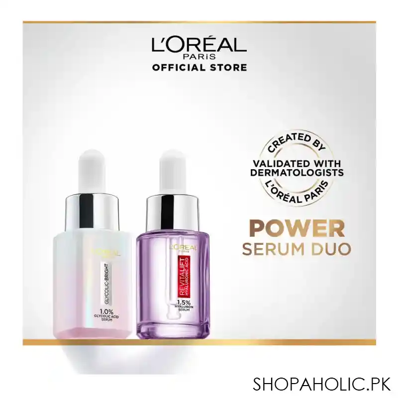 l'oreal paris mini power serum duo, glycolic bright instant glowing serum, 15ml + revitalift hyluronic acid serum, 15ml main image