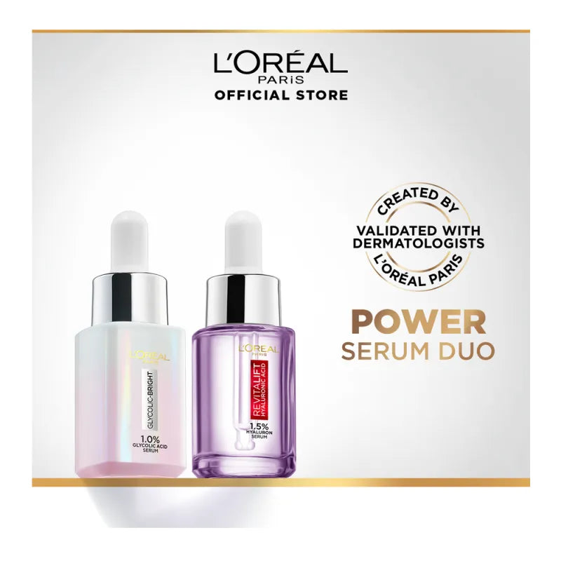 l'oreal paris mini power serum duo, glycolic bright instant glowing serum, 15ml + revitalift hyluronic acid serum, 15ml main image