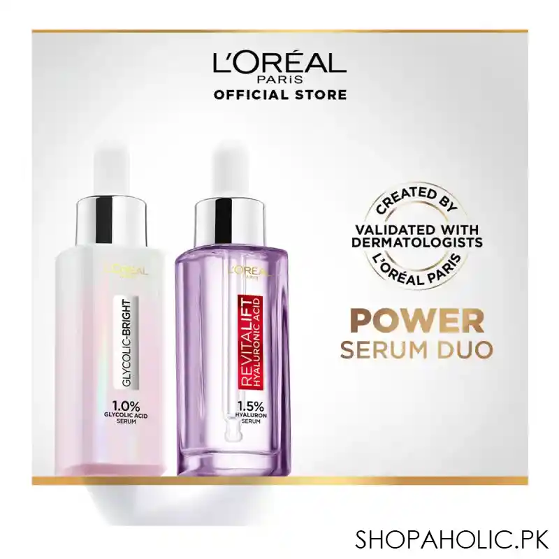 l'oreal paris power serum duo, glycolic bright instant glowing serum, 30ml + revitalift hyluronic acid serum, 30ml main image