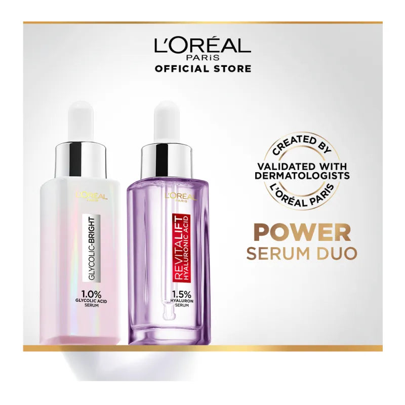 l'oreal paris power serum duo, glycolic bright instant glowing serum, 30ml + revitalift hyluronic acid serum, 30ml main image