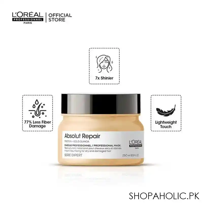 l'oreal serie expert protein+gold quinoa absolut repair dry & damage hair masque, 250ml image2