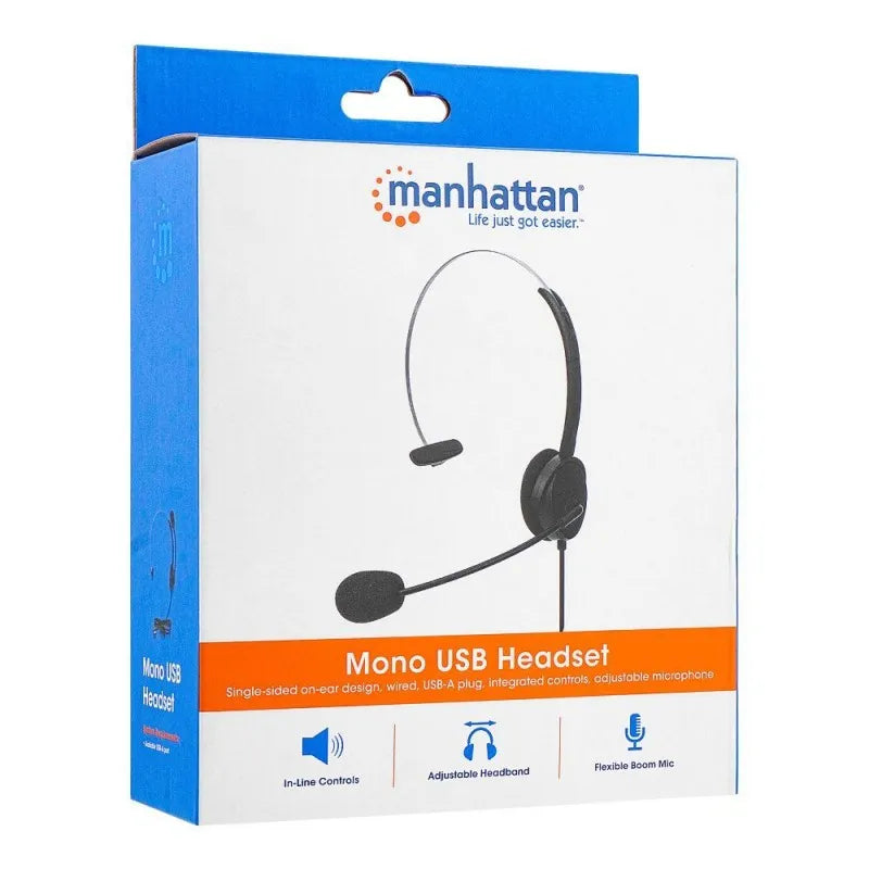 manhattan mono usb headset, adjustable headband, flexible boom mic, black, 179867 image4