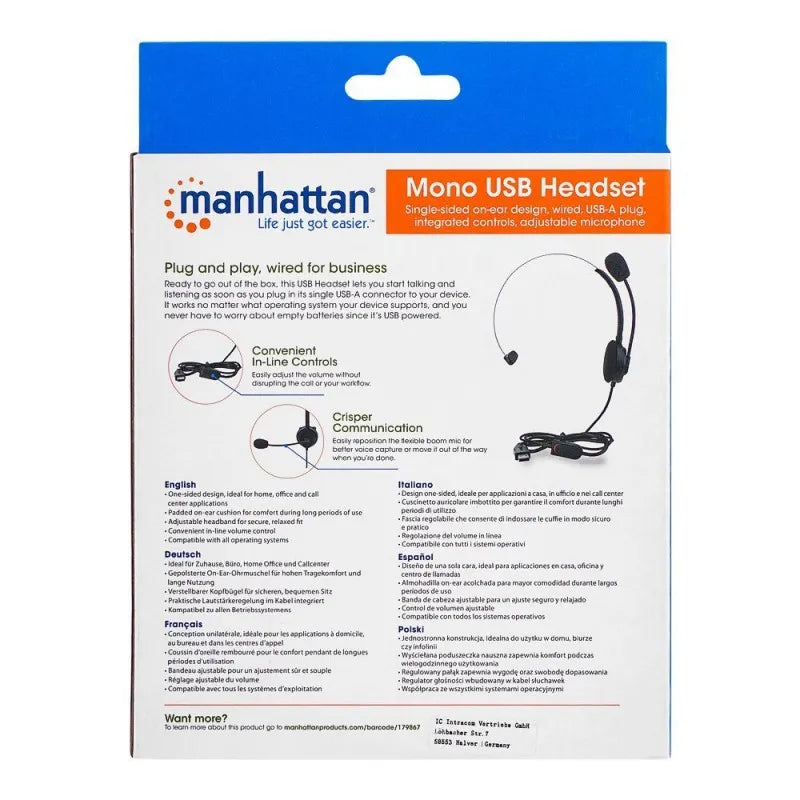 manhattan mono usb headset, adjustable headband, flexible boom mic, black, 179867 image5