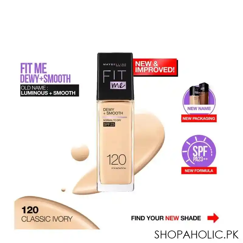 maybelline new york fit me dewy + smooth liquid foundation, spf 30 120 classic ivory, 30ml main image