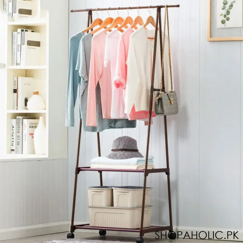 multifunction triangle floor standing clothes rack with wheel image3