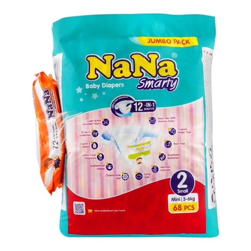 nana smarty baby diapers, no. 02 small, 3 6 kg, 68 pack image2