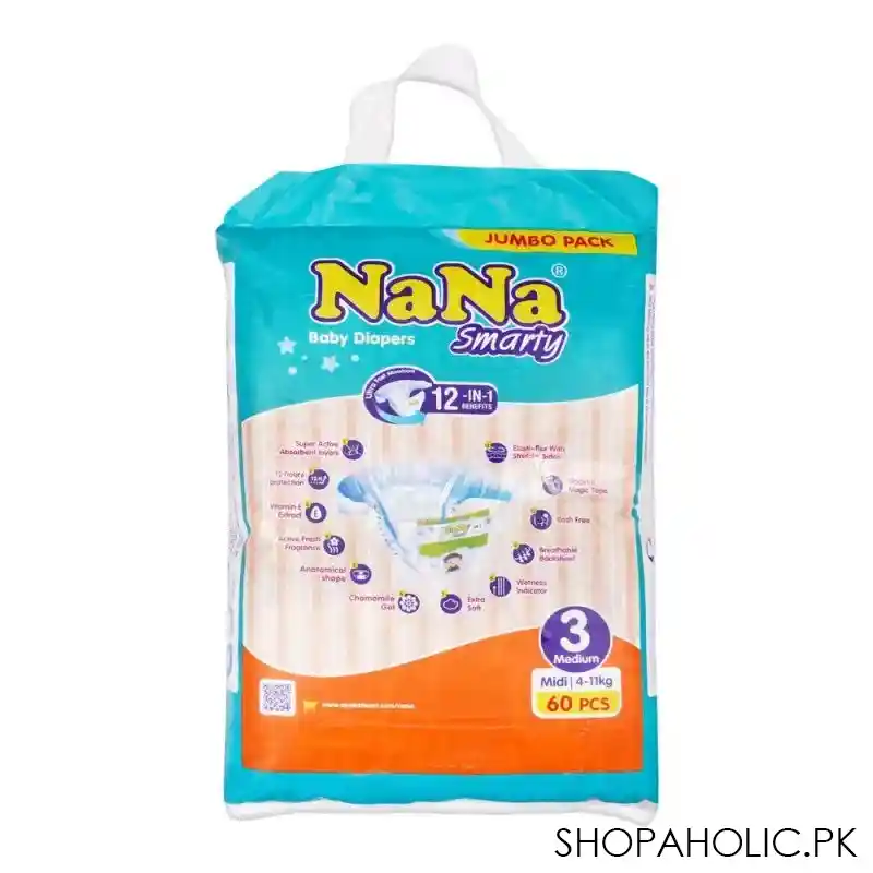 nana smarty baby diapers, no. 3, medium, 6 11 kg, 60 pack image2