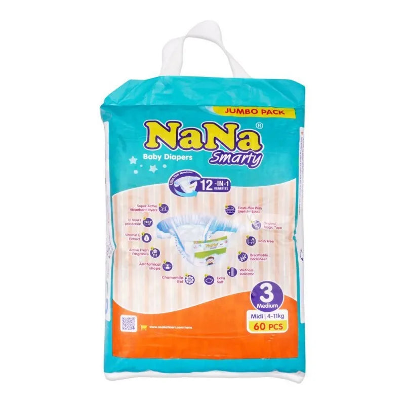 nana smarty baby diapers, no. 3, medium, 6 11 kg, 60 pack image2