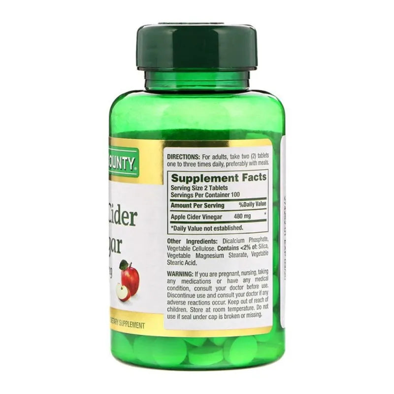 nature's bounty apple cider vinegar, 480mg, 200 tablets, vegetarian dietary supplement image2