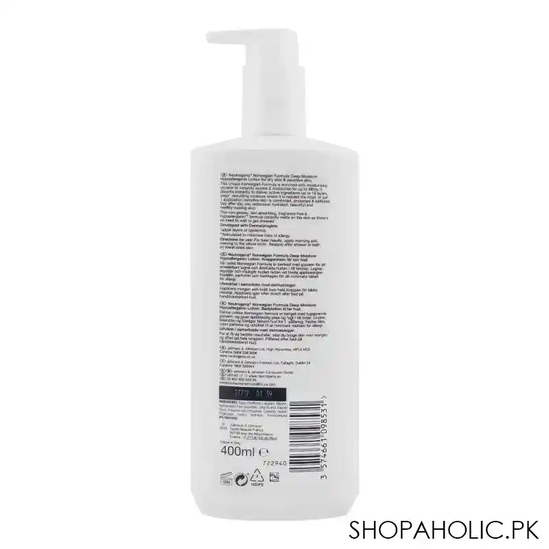 neutrogena deep moisture hypoallergenic body lotion, for dry & sensitive skin, fragrance free, 400ml image2