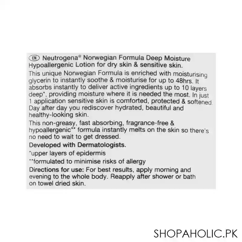 neutrogena deep moisture hypoallergenic body lotion, for dry & sensitive skin, fragrance free, 400ml image3