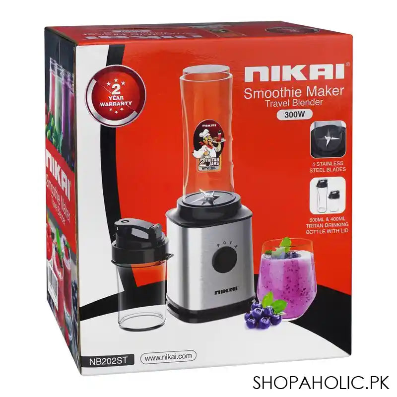 Nikai Smoothie Maker Travel Blender, 300W, 600ml & 400ml Tritan Bottle Capacity With Lid, NB-202ST - Image 2