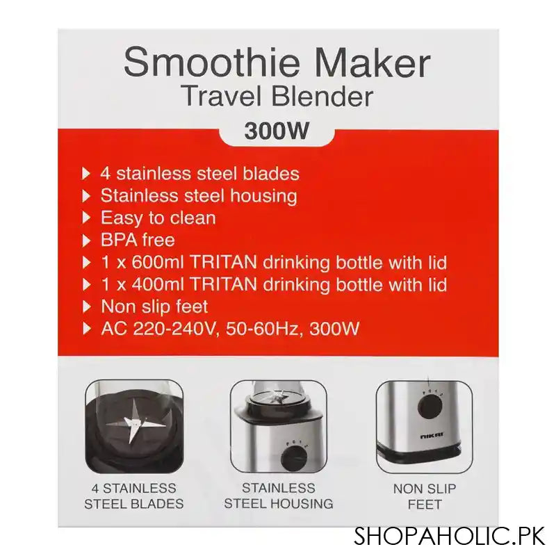 Nikai Smoothie Maker Travel Blender, 300W, 600ml & 400ml Tritan Bottle Capacity With Lid, NB-202ST - Image 3