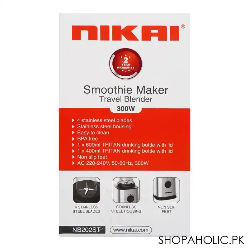 Nikai Smoothie Maker Travel Blender, 300W, 600ml & 400ml Tritan Bottle Capacity With Lid, NB-202ST - Image 4