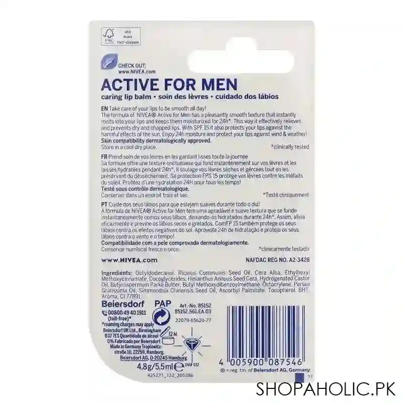 nivea 24 hours melt in moisture men active spf15 lip balm, 4.8g image2