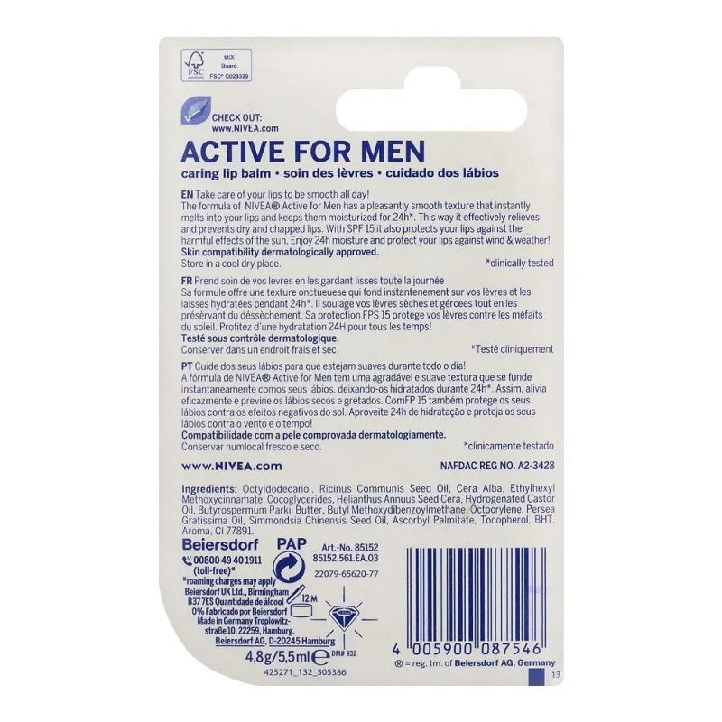 nivea 24 hours melt in moisture men active spf15 lip balm, 4.8g image2