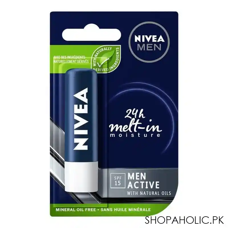 nivea 24 hours melt in moisture men active spf15 lip balm, 4.8g main image