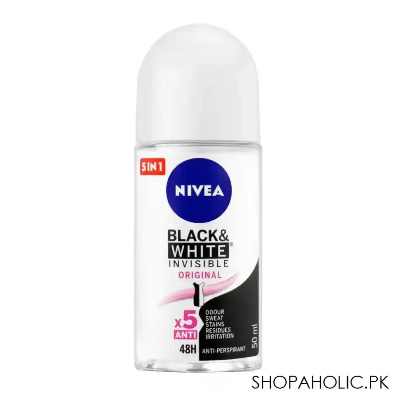 nivea 5 in 1 black & white invisible original x5 anti roll on, for women, 50ml main image