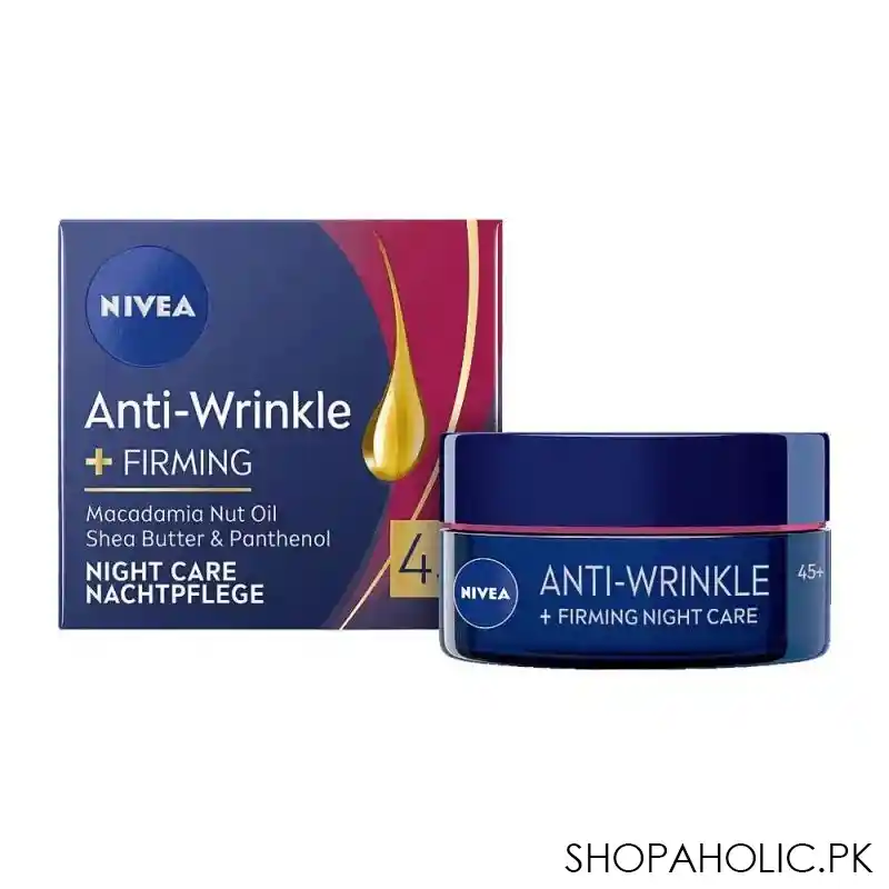 nivea anti wrinkle + firming macadamia nut oil shea butter & panthenol 45+ night care cream, 50ml main image